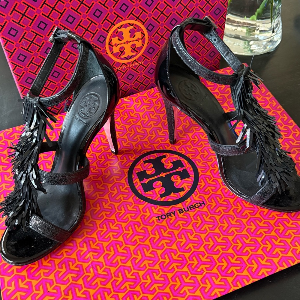 NIB Tory Burch Black Women's Heels Strap Sandal 7M Glitter W Brand Bag